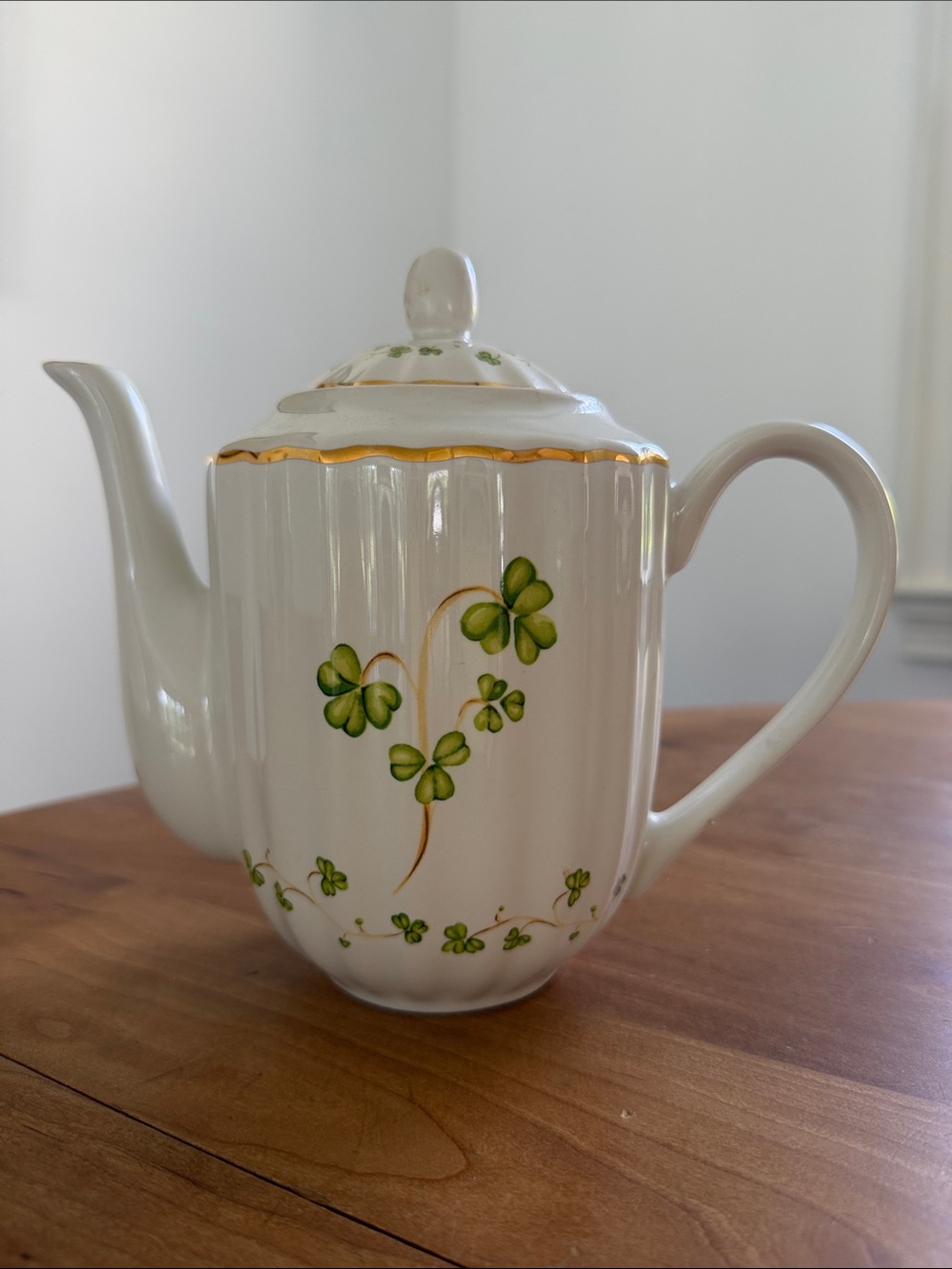White/Cream Ceramic Teapot with Green Shamrock Pattern and Gold Trim